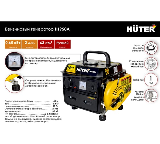 Бензогенератор портативный HUTER HT950A 64/1/1