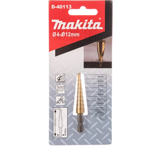 Сверло ступенчатое HSS-TiN с прямым желобком, 4-12x65, 1/4" Makita D-40113