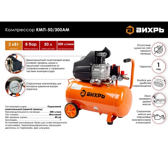 Компрессор КМП-50/300АМ Вихрь 74/3/12