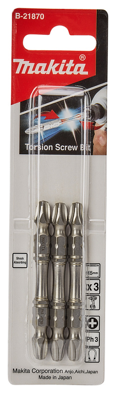 Бита двусторонняя Silver Torsion PH3, 65 мм, E-form (MZ), 3 шт Makita B-21870 B-21870